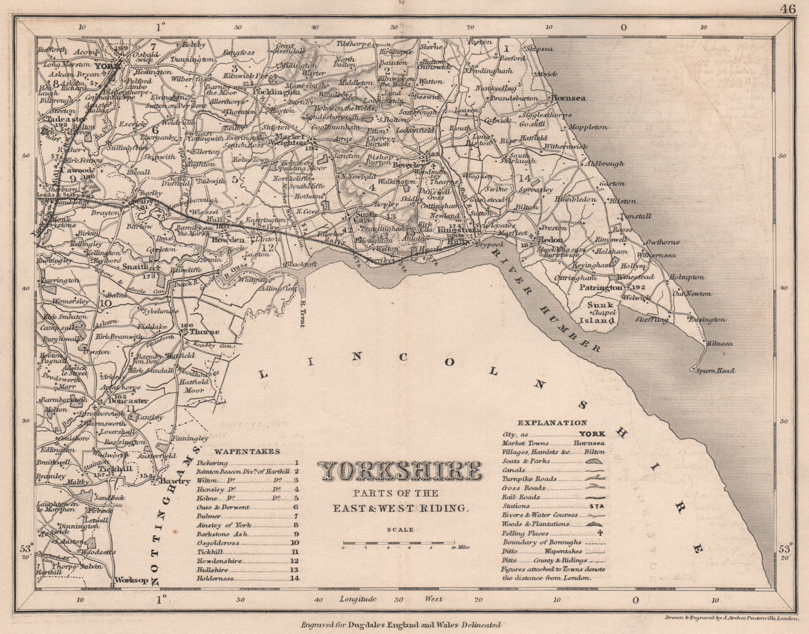 YORKSHIRE, SOUTH EAST county map showing wapentakes by DUGDALE/ARCHER 1845